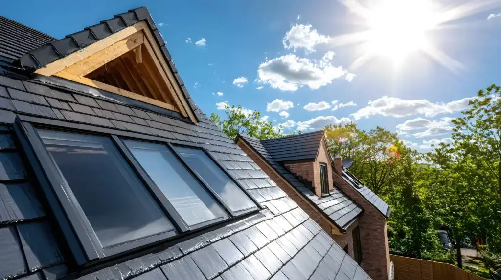 close up of real slate tile roof with skylights