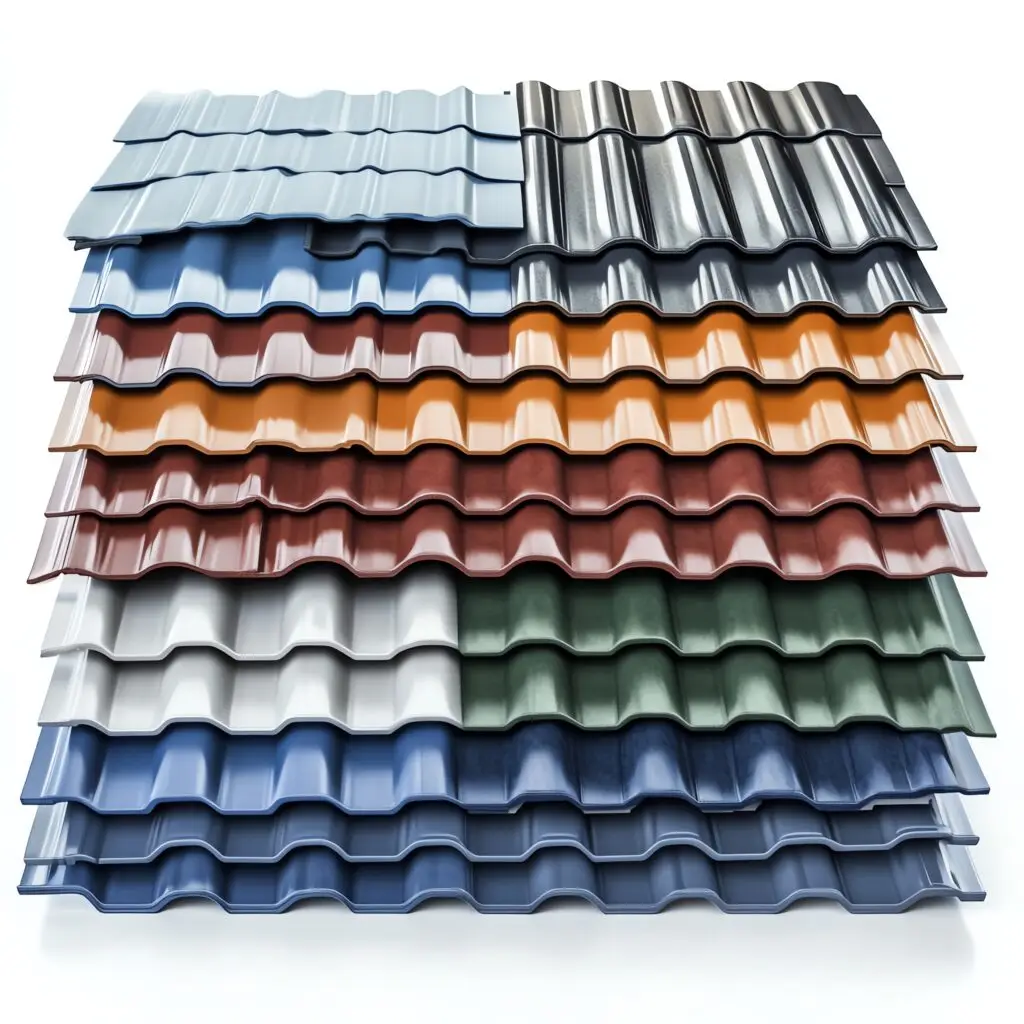 Colorful selection of wavy roofing tiles, white isolate background.