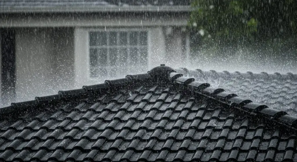 Rain falling on tiled roof