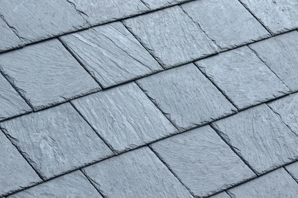 Closeup of clean grey slate roof tiles